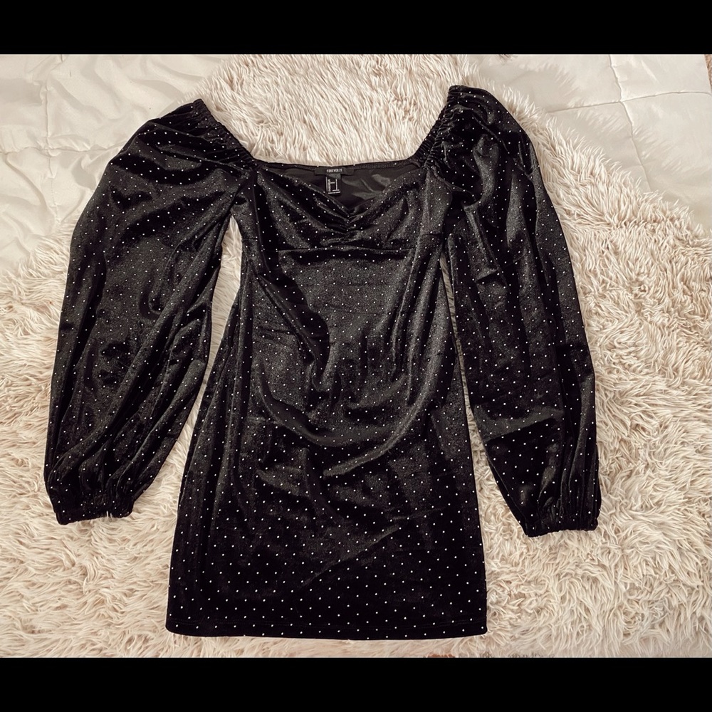 Black velvet studded puff sleeve dress
